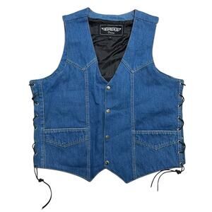 Vintage‎ UNIK Denim - Motorcycle Biker Denim Vest with Lace Up Leather Sides - L